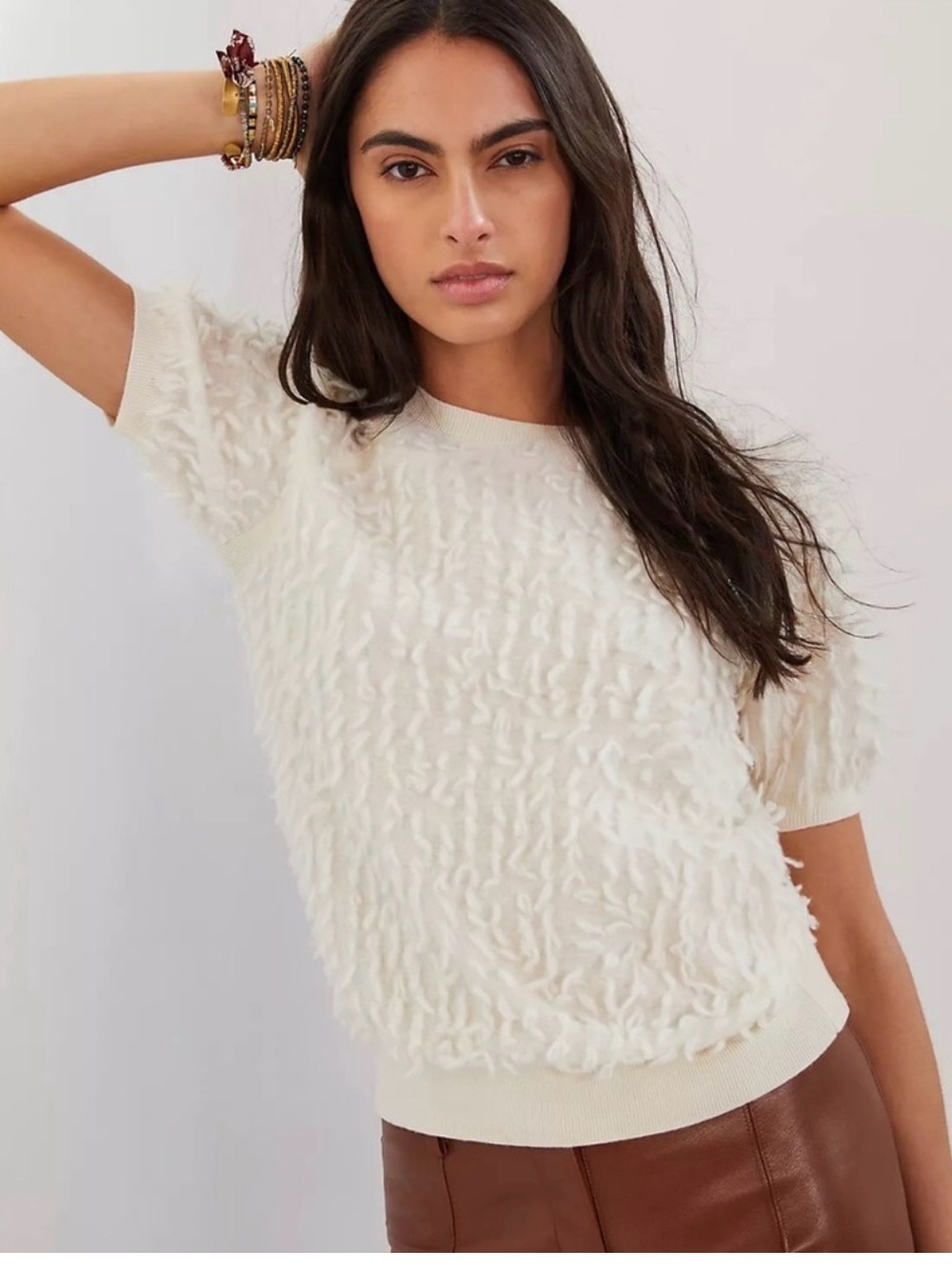 MAEVE Anthropologie Cream “Scottie” Textured Short-Sleeve Sweater Top, XS Wool
